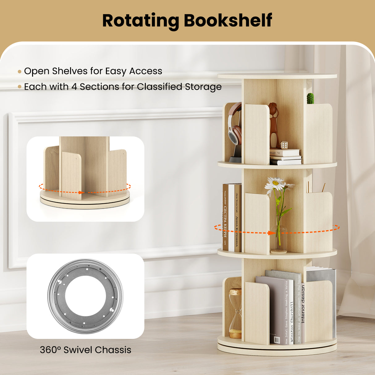 3-Tier Rotating Bookshelf with Dividers and Anti-falling Baffles-Natural