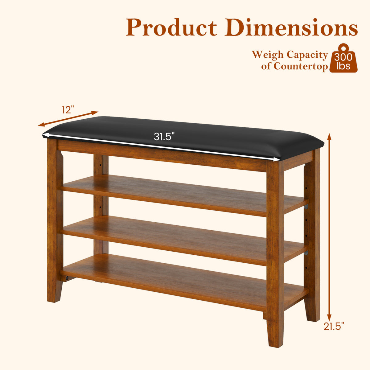 3-Tier Shoe Rack Bench with Adjustable Shelves and Soft Cushion for Entryway and Living Room-Brown