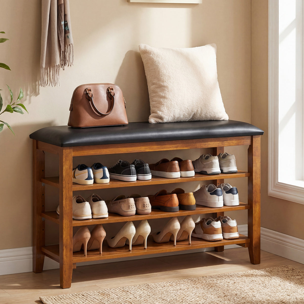 3-Tier Shoe Rack Bench with Adjustable Shelves and Soft Cushion for Entryway and Living Room-Brown