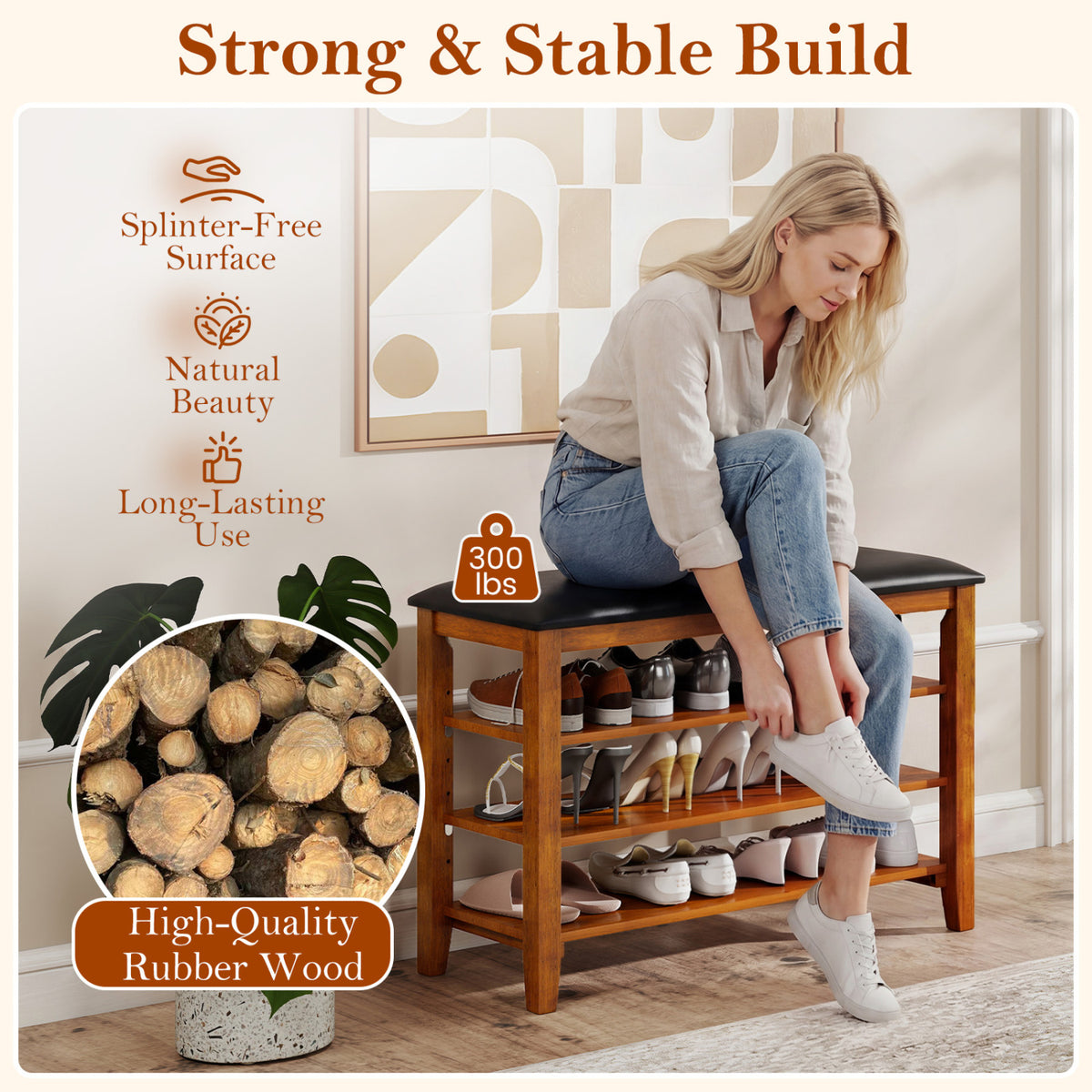 3-Tier Shoe Rack Bench with Adjustable Shelves and Soft Cushion for Entryway and Living Room-Brown