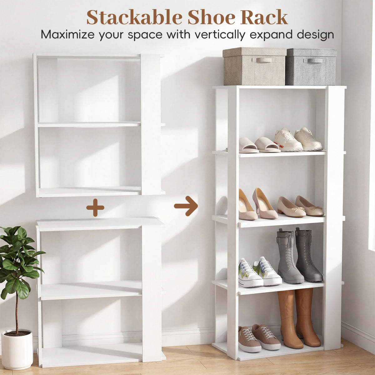 3-Tier Shoe Rack Modern Shoe Organizer with Stackable Design-White
