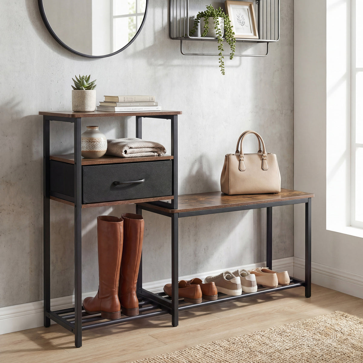 3-Tier Shoe Storage Rack Bench with Drawer and Metal Frame-Rustic Brown