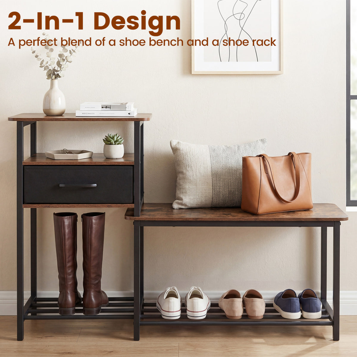 3-Tier Shoe Storage Rack Bench with Drawer and Metal Frame-Rustic Brown
