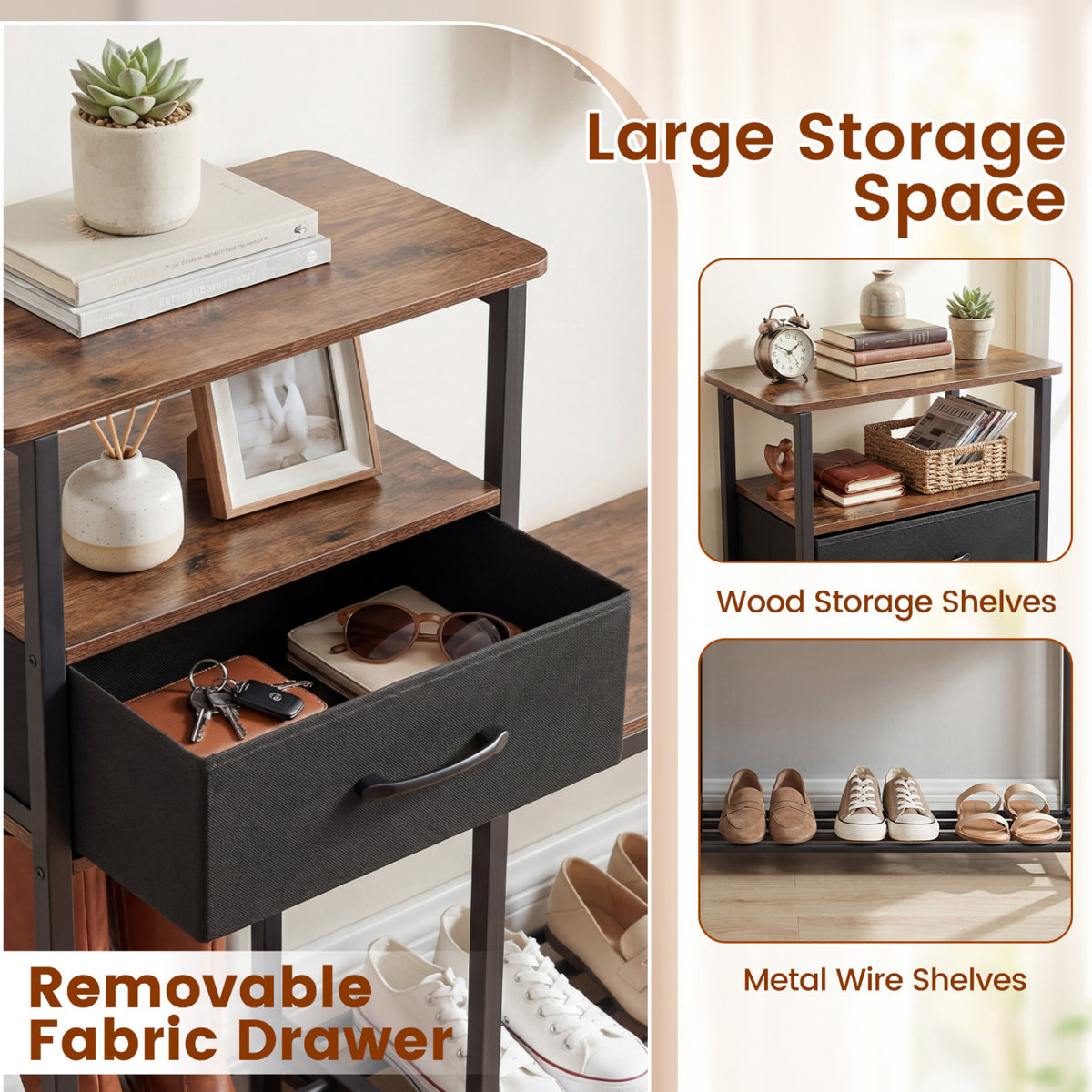 3-Tier Shoe Storage Rack Bench with Drawer and Metal Frame-Rustic Brown