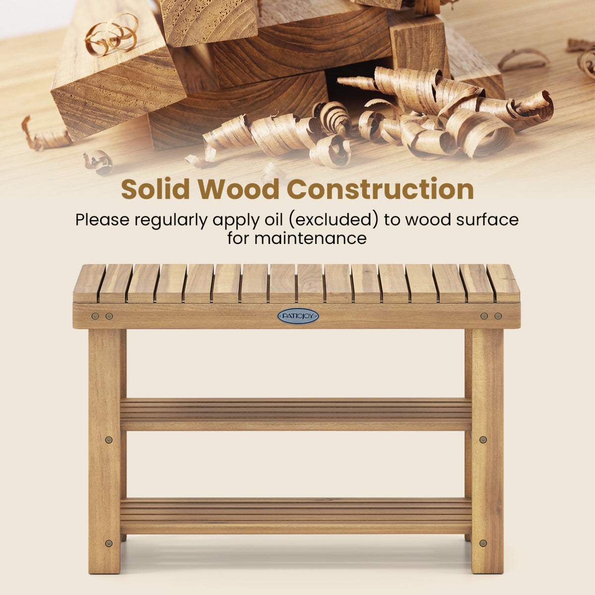3-Tier Solid Wood Shoe Rack Bench with Slatted Shelves-M