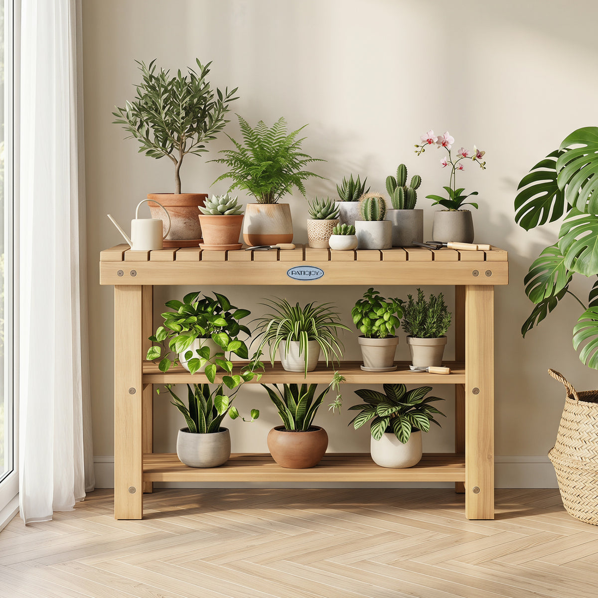 3-Tier Solid Wood Shoe Rack Bench with Slatted Shelves-M