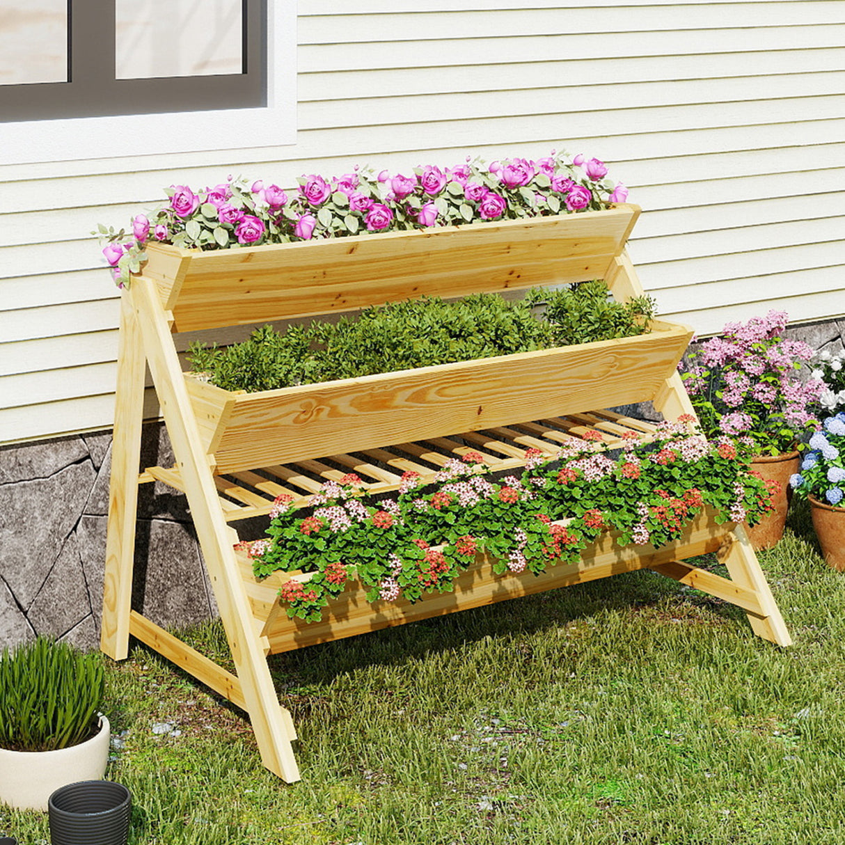 3 Tier Wooden Vertical Raised Garden Bed with Storage Shelf