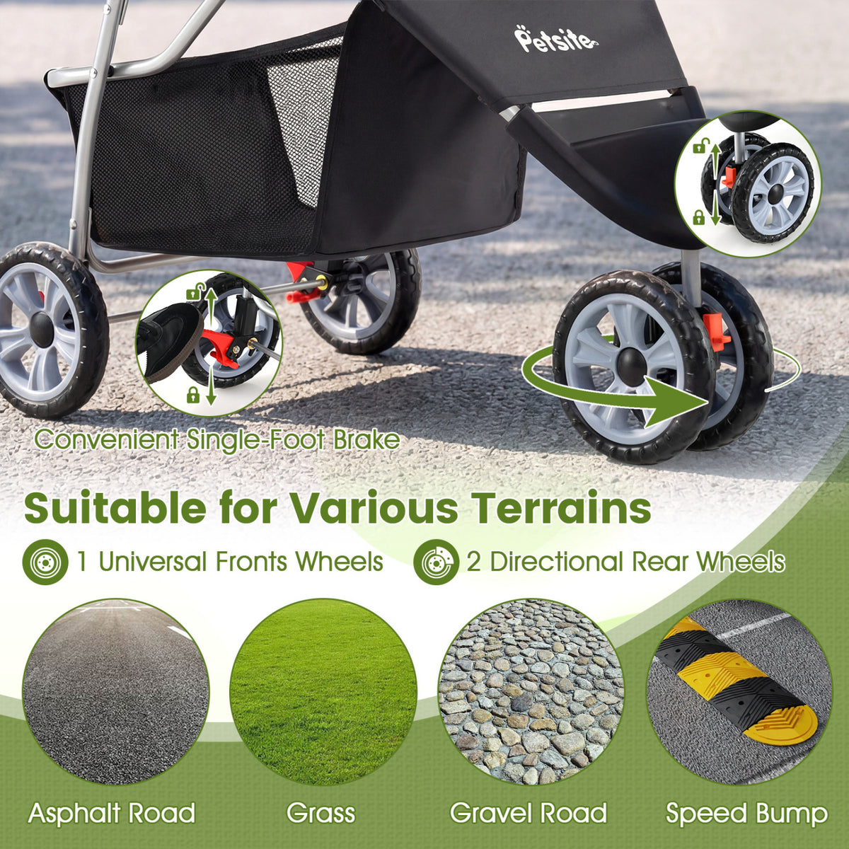 3 Wheel Pet Stroller for Small Dogs Cats up to 33 LBS-Black