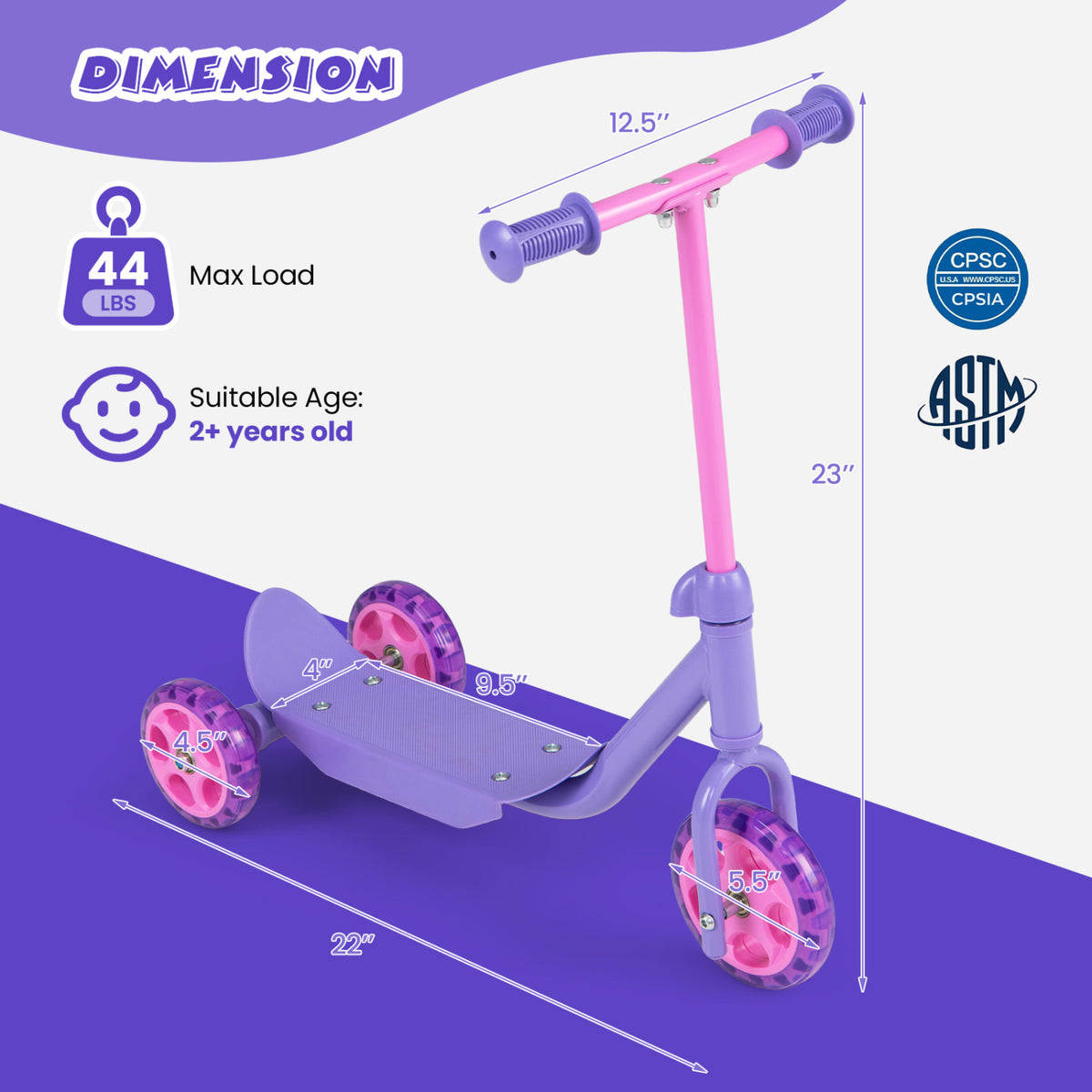 3 Wheels Scooter for Kids Age 2+ with LED Light-Up Wheels and Wide Anti-Slip Deck-Purple