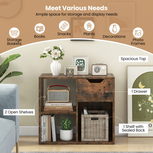 3-Cube Bookcase 2-tier Wooden Storage Shelf with Pull-out Drawer-Brown