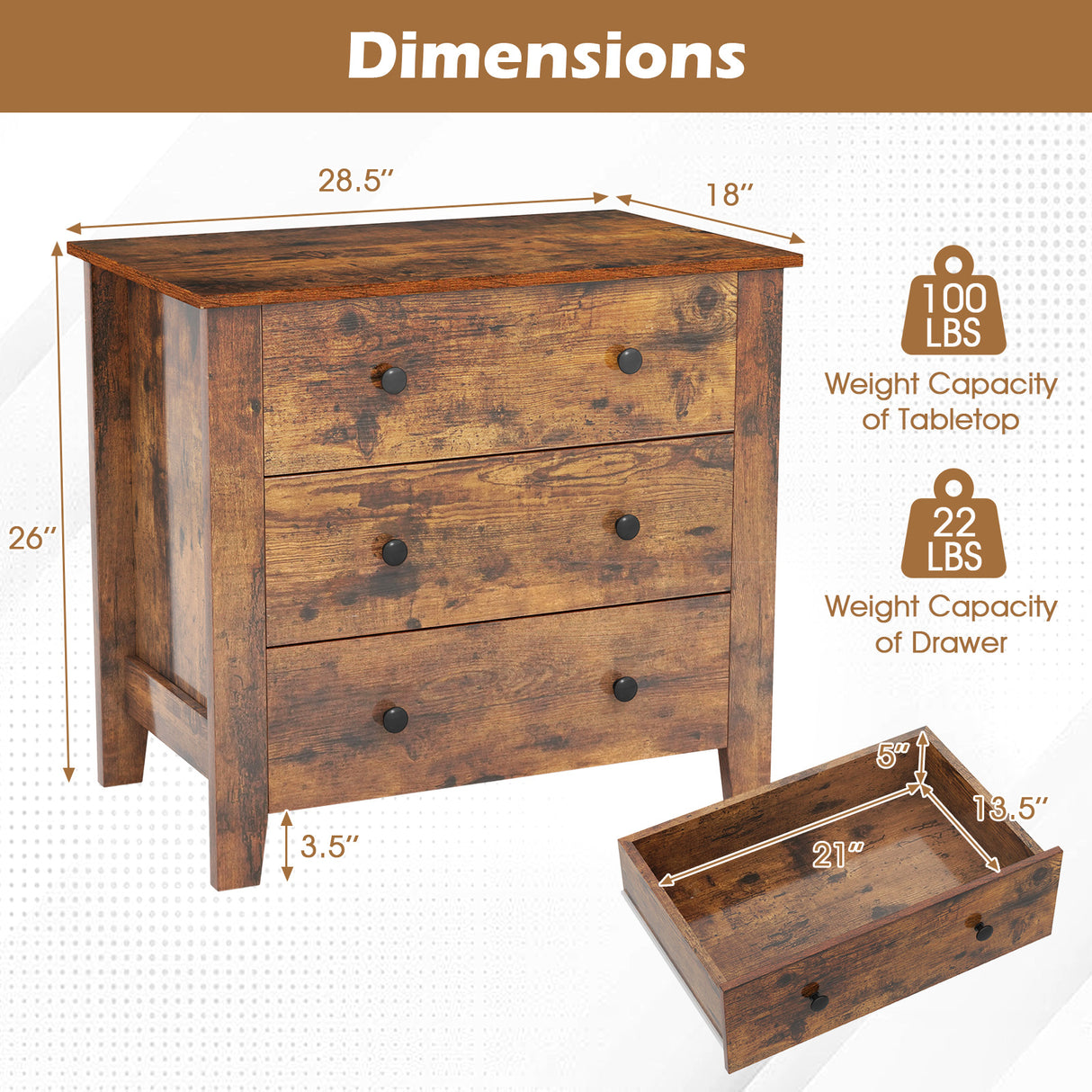 3 Drawer Dresser Chest of Drawers Bedside Table-Rustic Brown