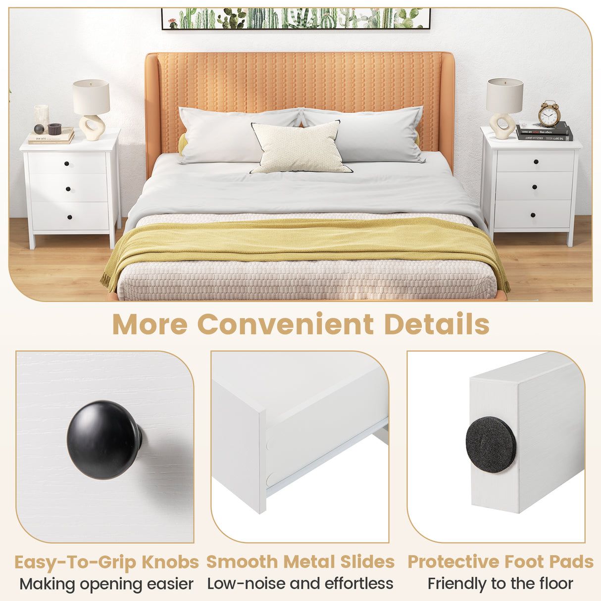 3-Drawer Wooden Nightstand Modern Bedside Table-White