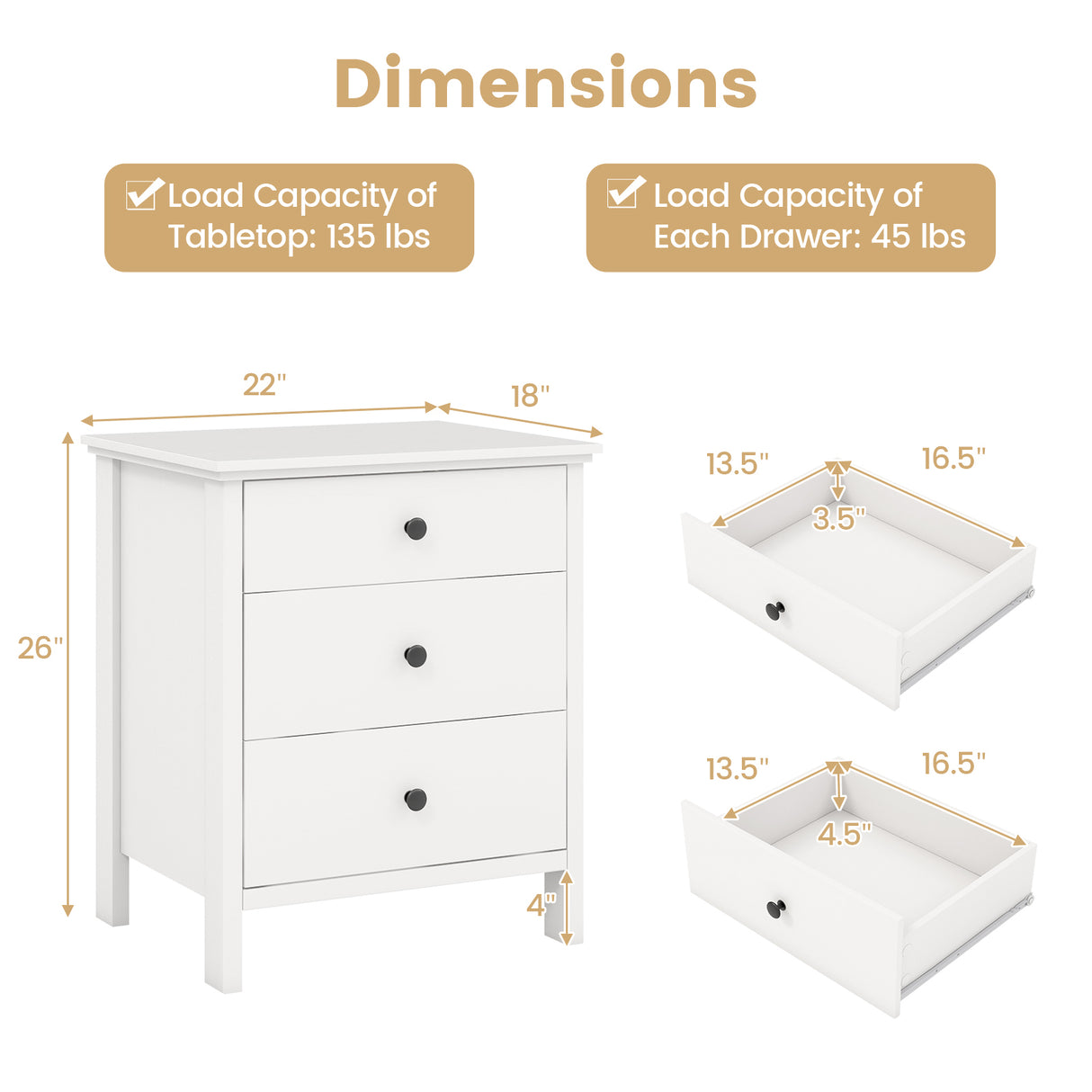 3-Drawer Wooden Nightstand Modern Bedside Table-White