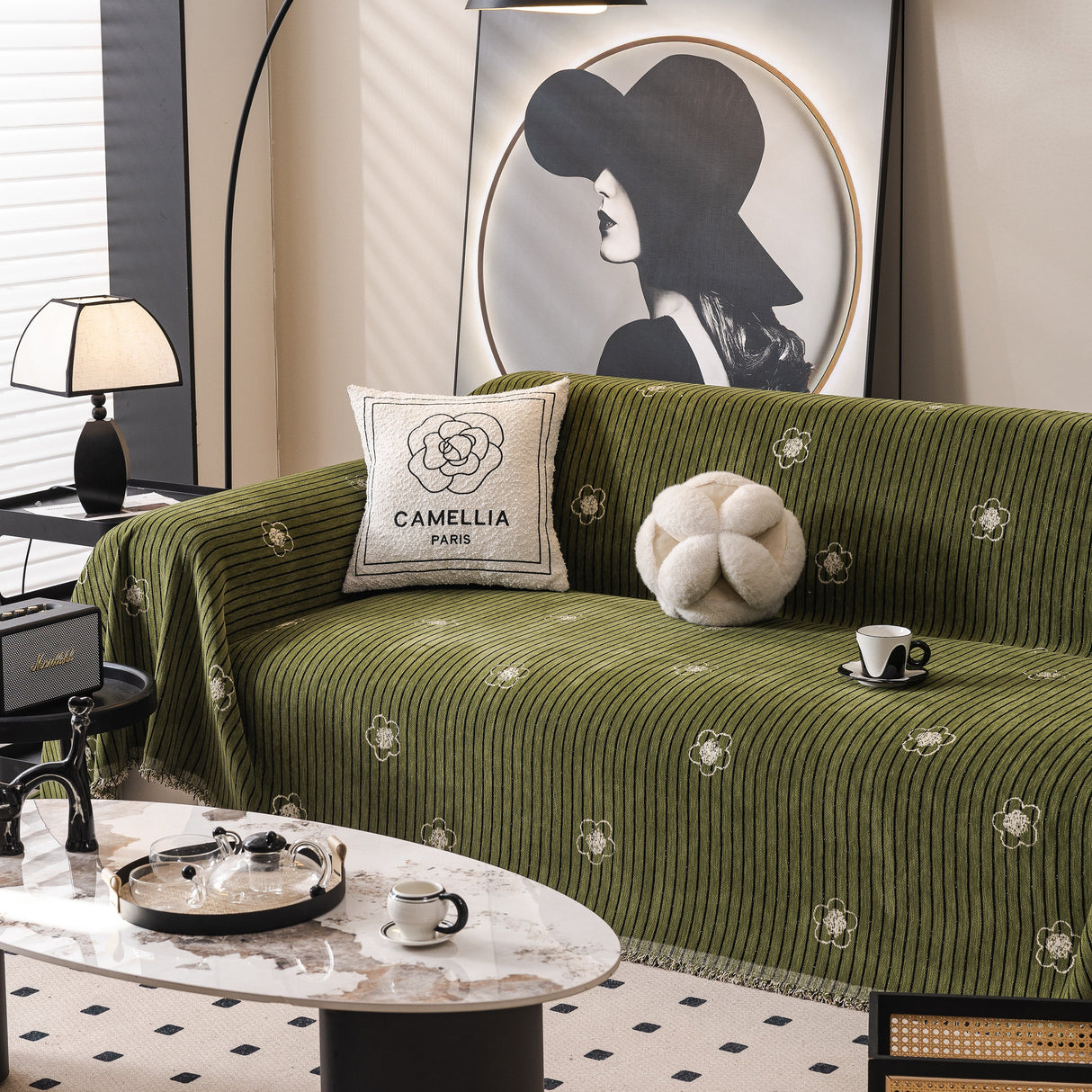 Chenille Camellia Floral Sofa Throw Cover Couch Blanket with Striped Jacquard