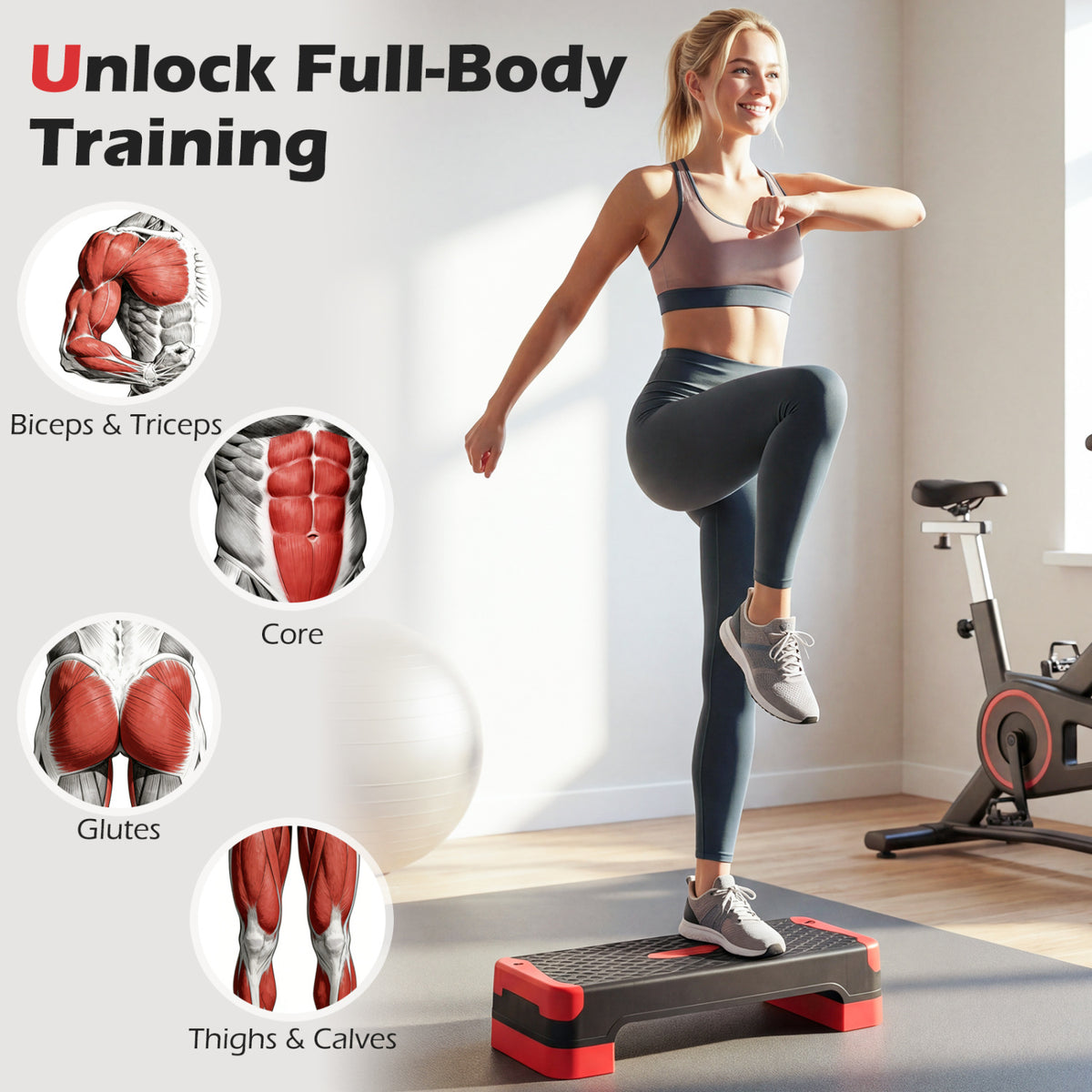 3-in-1 Aerobic Step Platform Set with 2 Stackable Risers and Balance Trainers for Home-Red