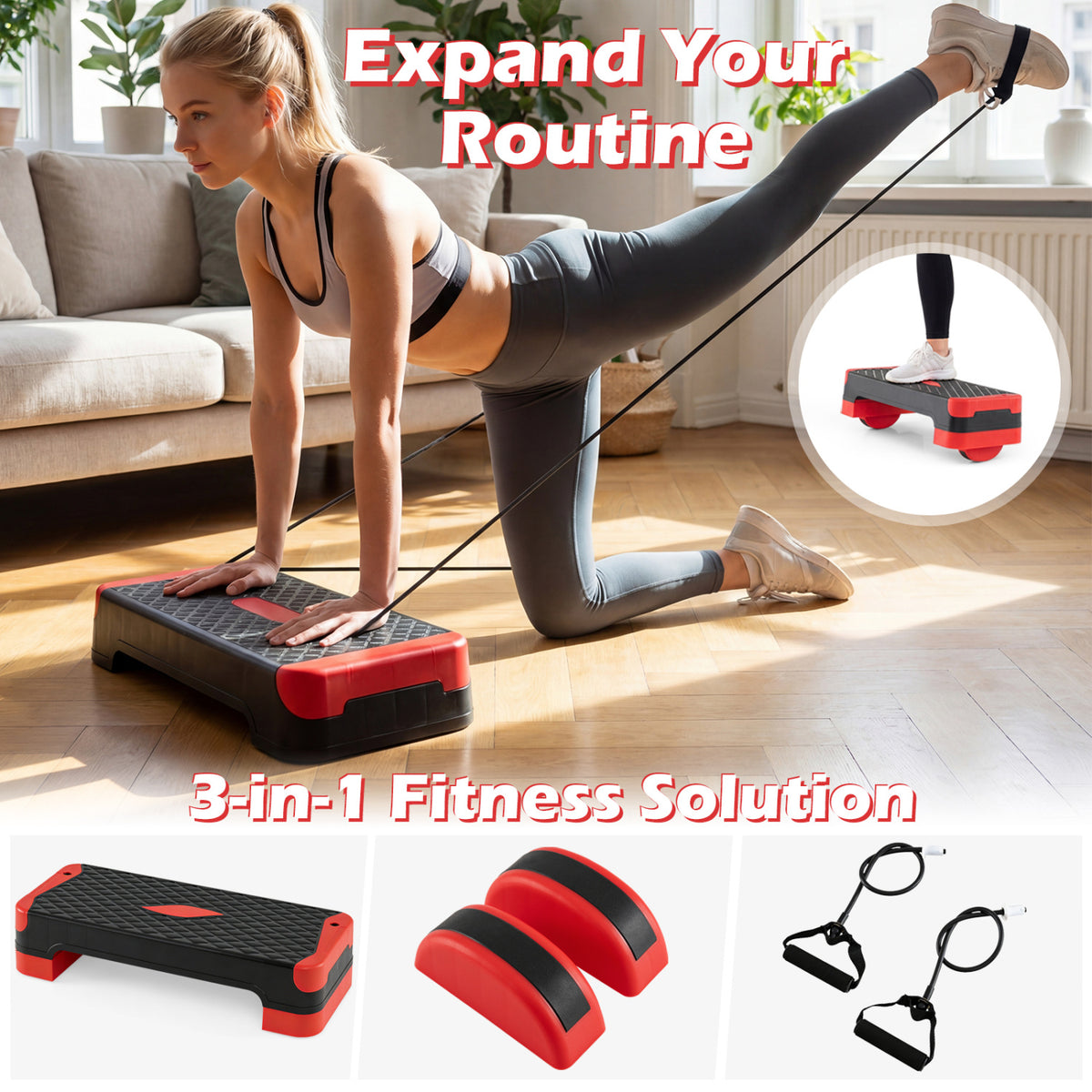 3-in-1 Aerobic Step Platform Set with 2 Stackable Risers and Balance Trainers for Home-Red