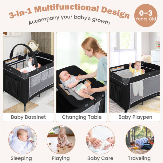 3-in-1 Portable Baby Crib and Playpen with Changing Table-Black