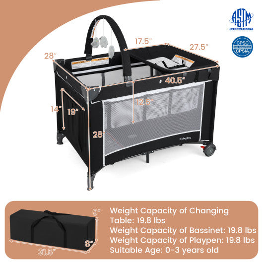 3-in-1 Portable Baby Crib and Playpen with Changing Table-Black