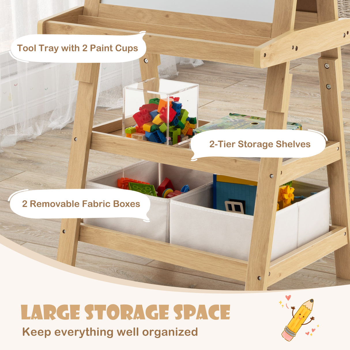 3-in-1 Double-Sided Storage Art Easel-Natural