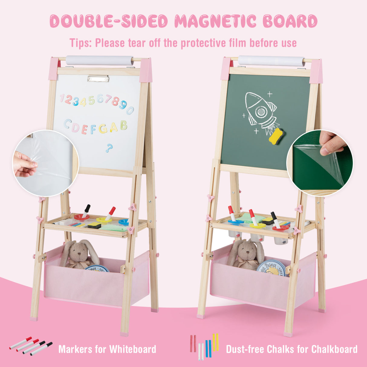 3-in-1 Double-Sided Adjustable Kid Easel for 3-8 Years Old Toddlers-Pink