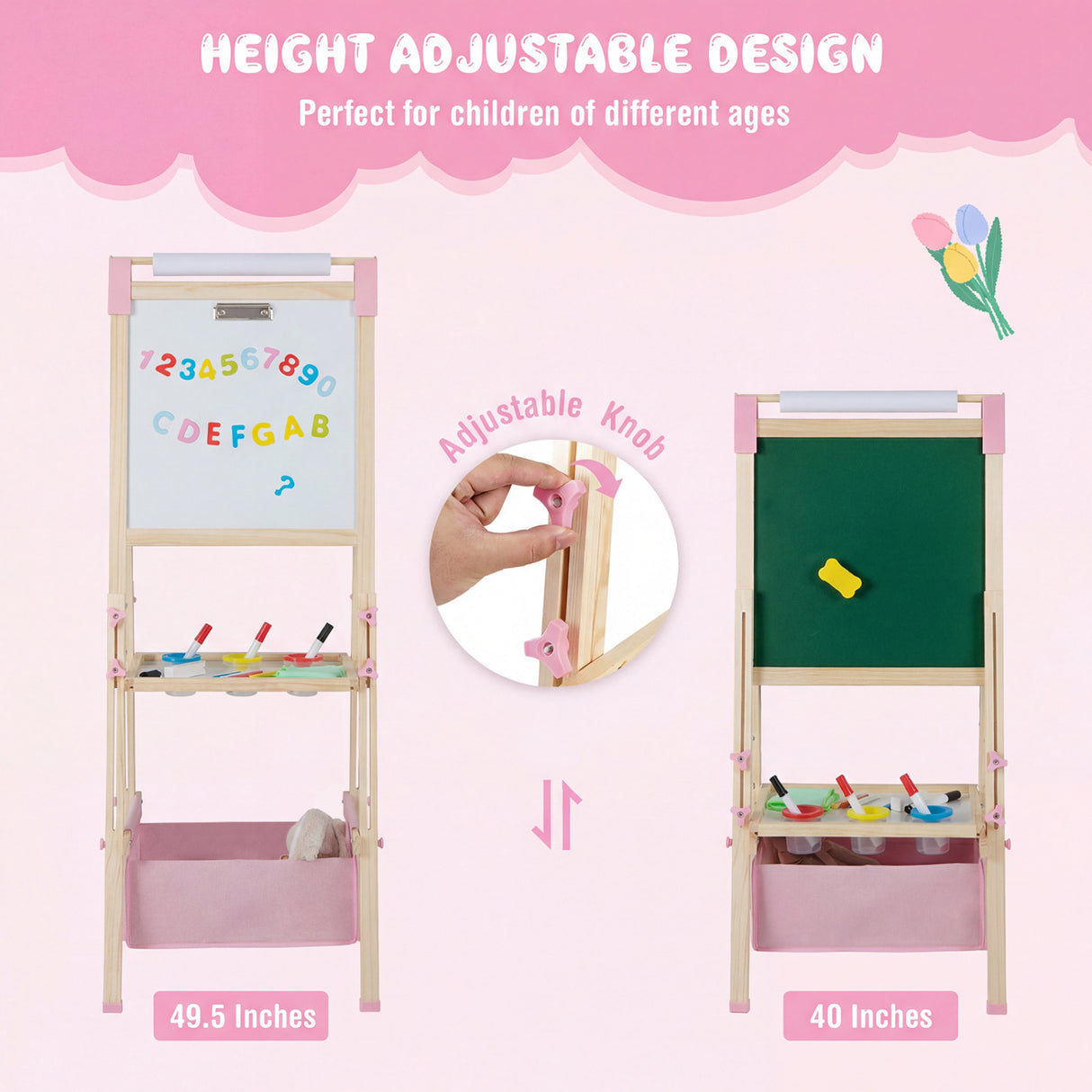 3-in-1 Double-Sided Adjustable Kid Easel for 3-8 Years Old Toddlers-Pink