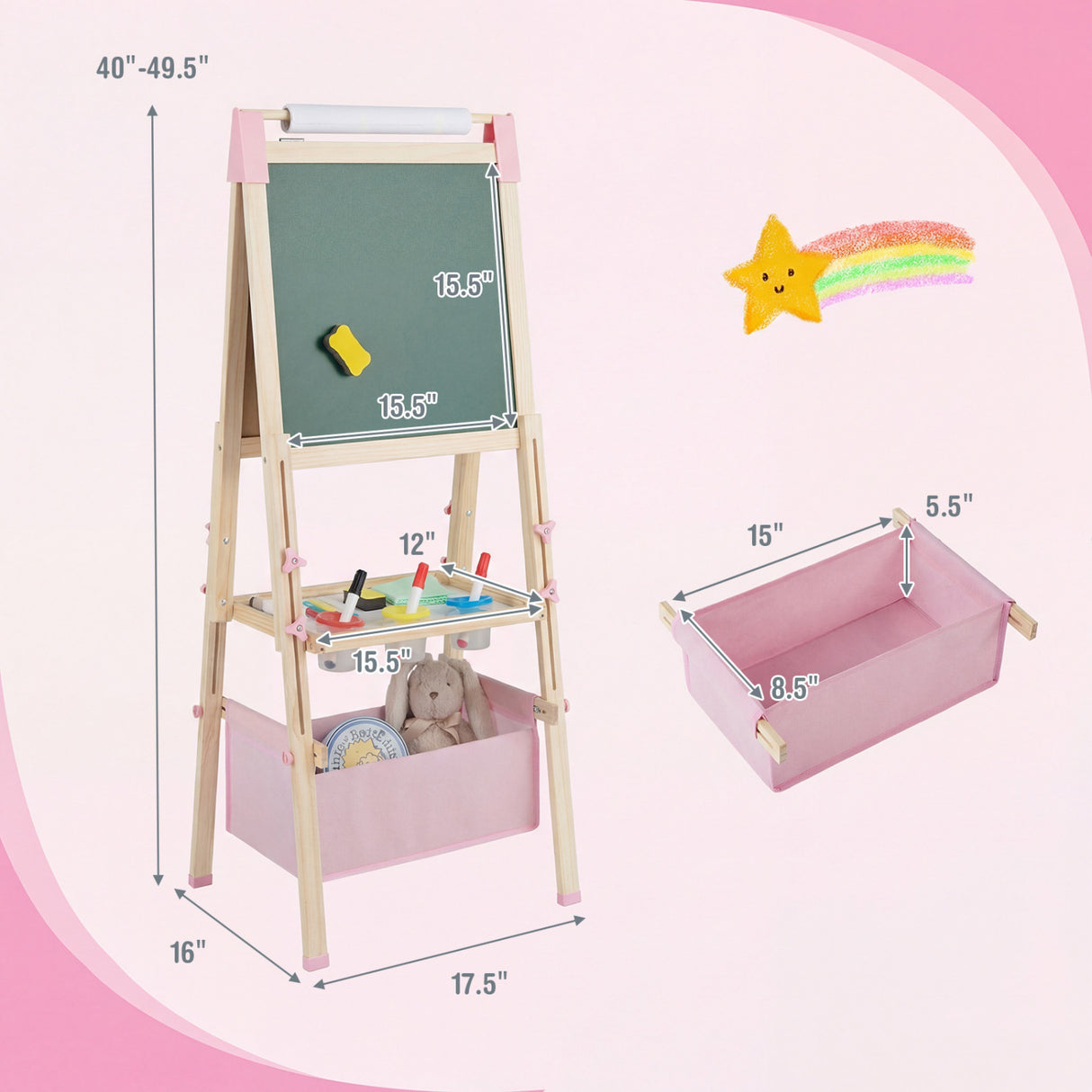 3-in-1 Double-Sided Adjustable Kid Easel for 3-8 Years Old Toddlers-Pink