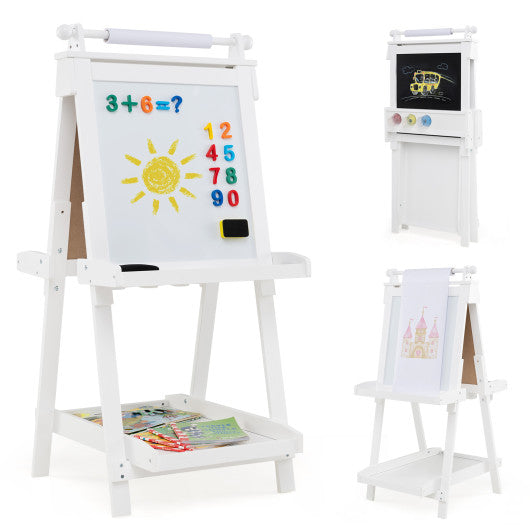 3-in-1 Double-sided Art Easel with Chalkboard and Magnetic Whiteboard-White
