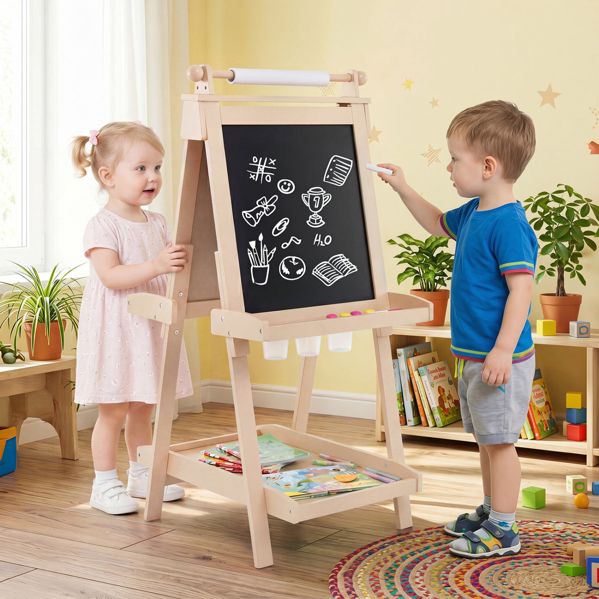 3-in-1 Double-sided Art Easel with Chalkboard and Magnetic Whiteboard-Natrual