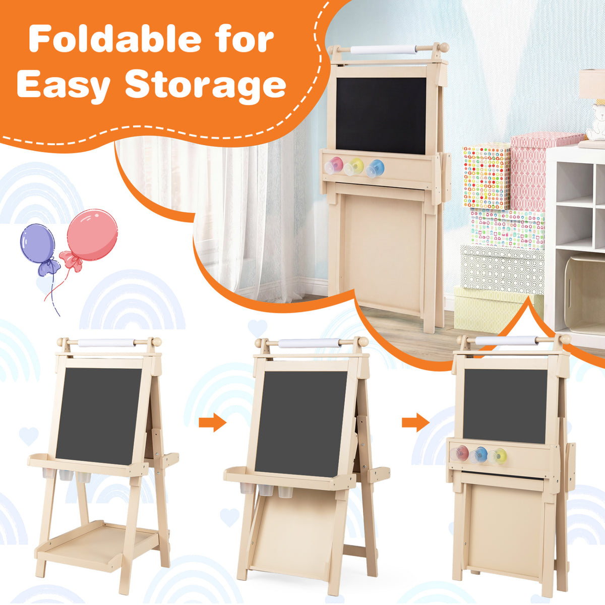 3-in-1 Double-sided Art Easel with Chalkboard and Magnetic Whiteboard-Natrual