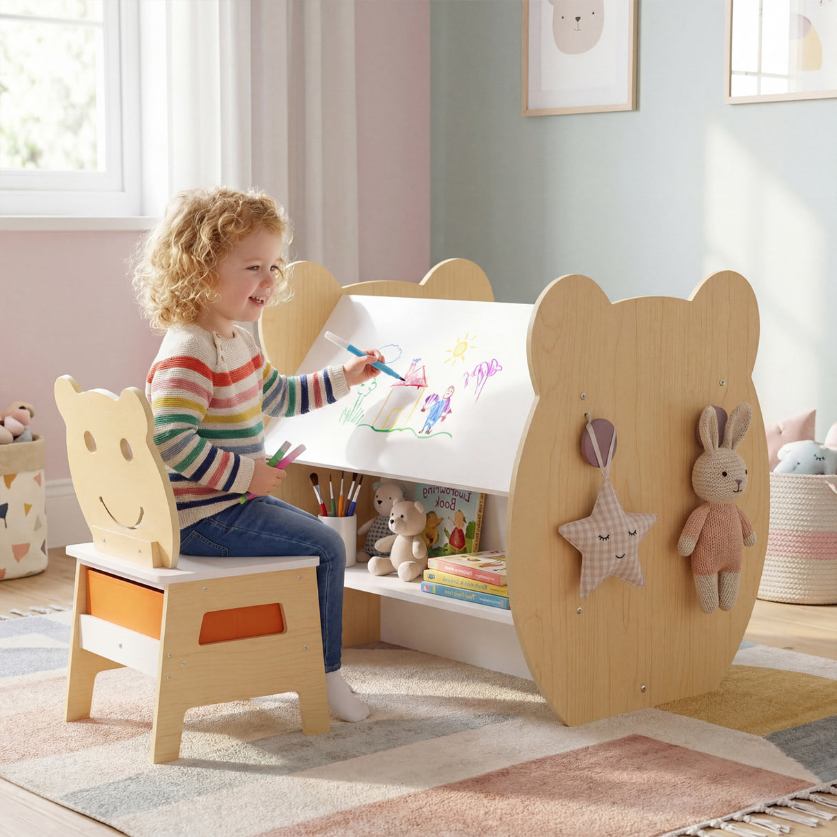 3-in-1 Kids Art Table and Chair with Storage and Reversible Whiteboard Chalkboard for Ages 3-10 Years Old-White