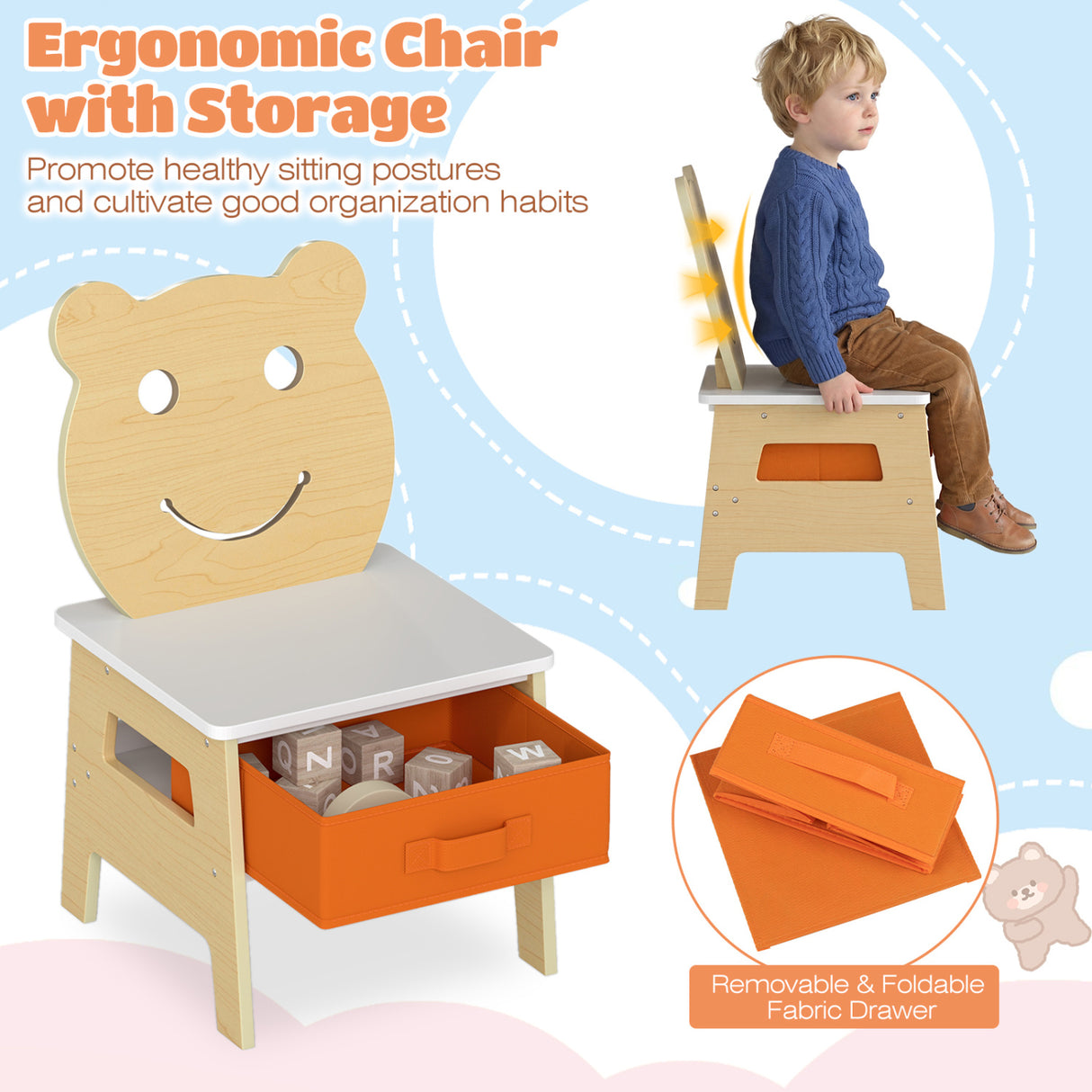 3-in-1 Kids Art Table and Chair with Storage and Reversible Whiteboard Chalkboard for Ages 3-10 Years Old-White