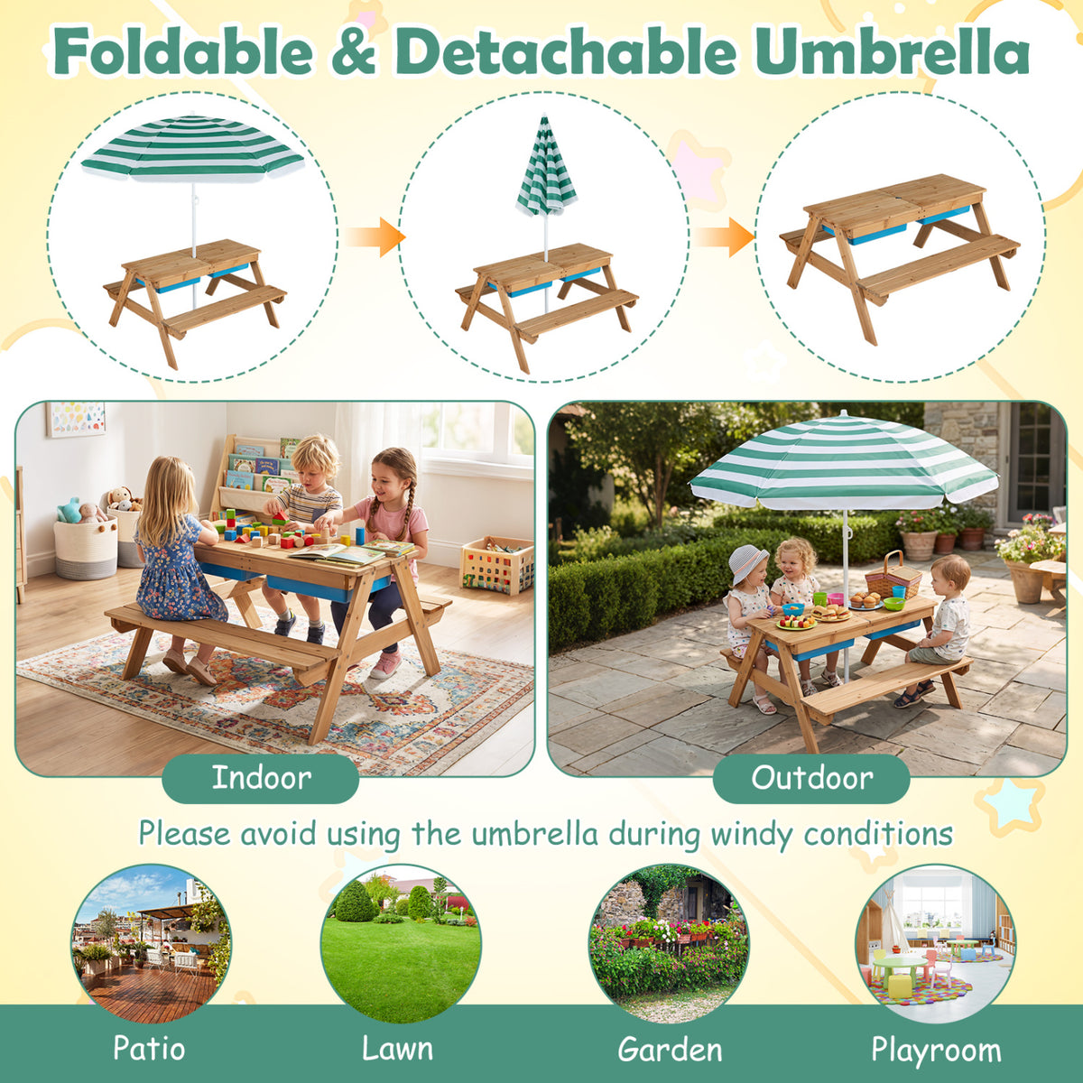 3-in-1 Kids Outdoor Picnic Water Sand Table with Removable Umbrella and Boxes-Light Green