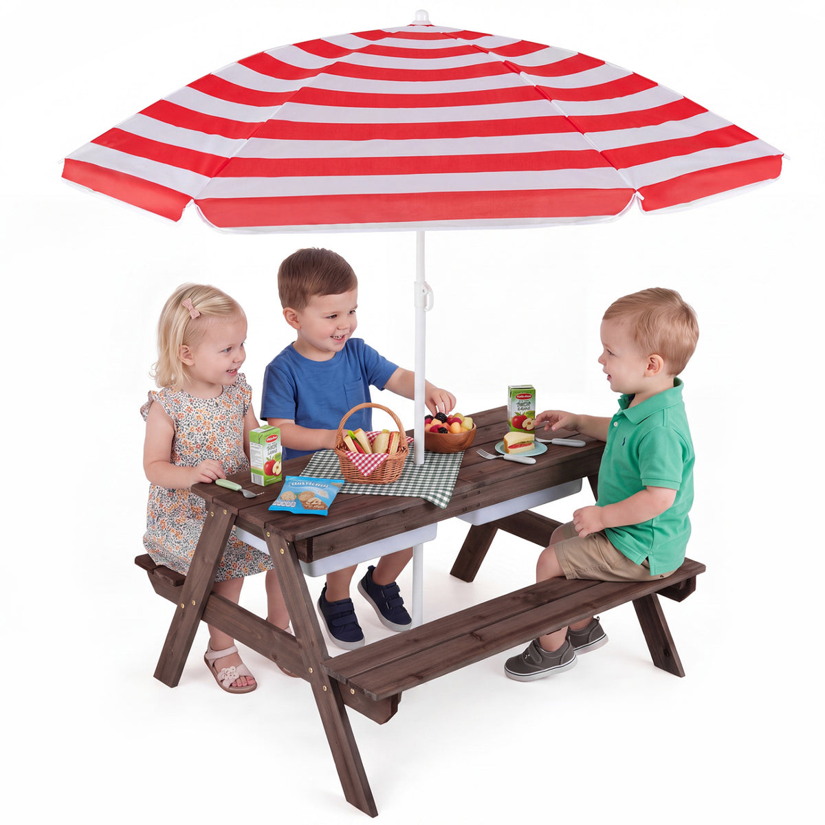 3-in-1 Kids Outdoor Picnic Water Sand Table with Removable Umbrella and Boxes-Red