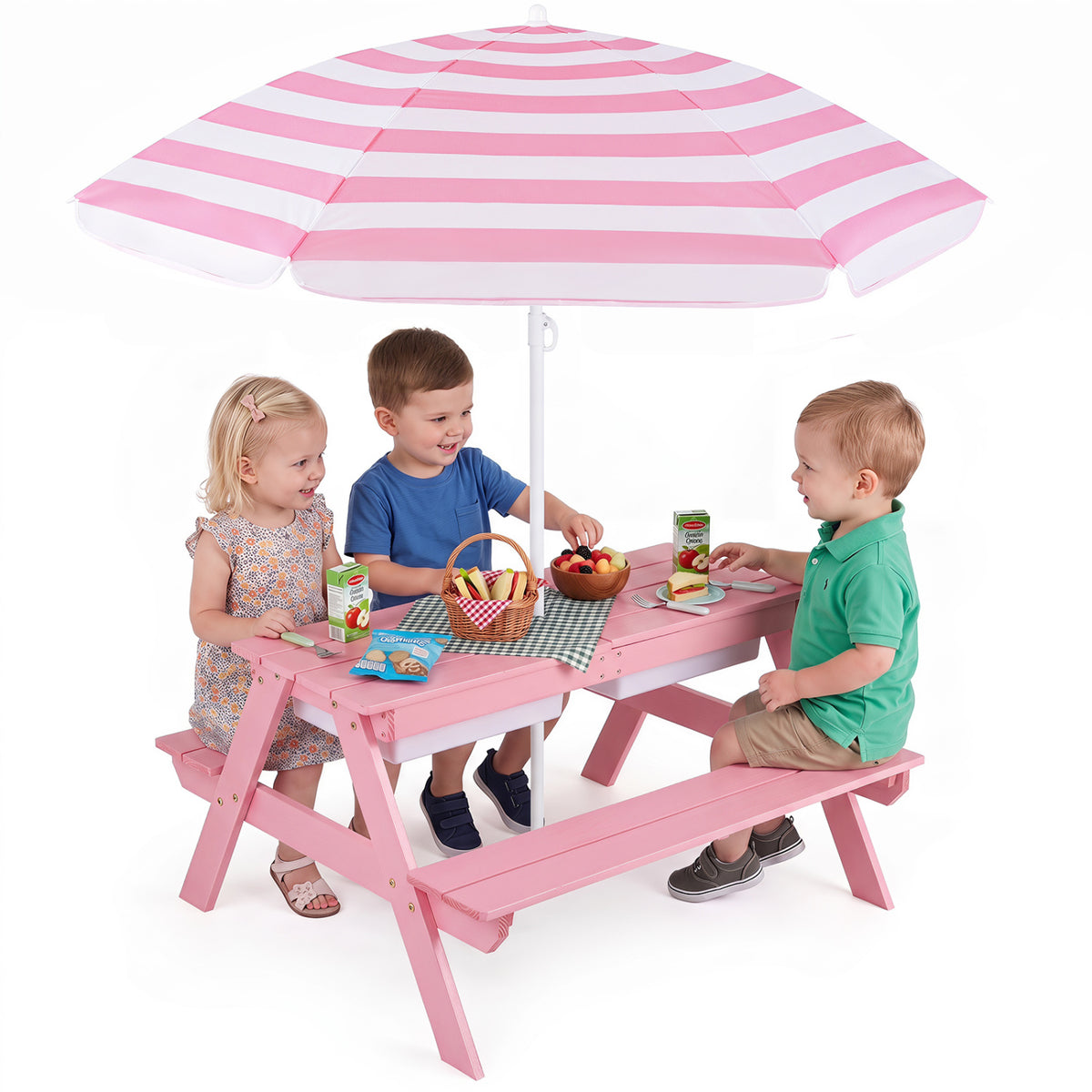 3-in-1 Kids Outdoor Picnic Water Sand Table with Removable Umbrella and Boxes-Pink