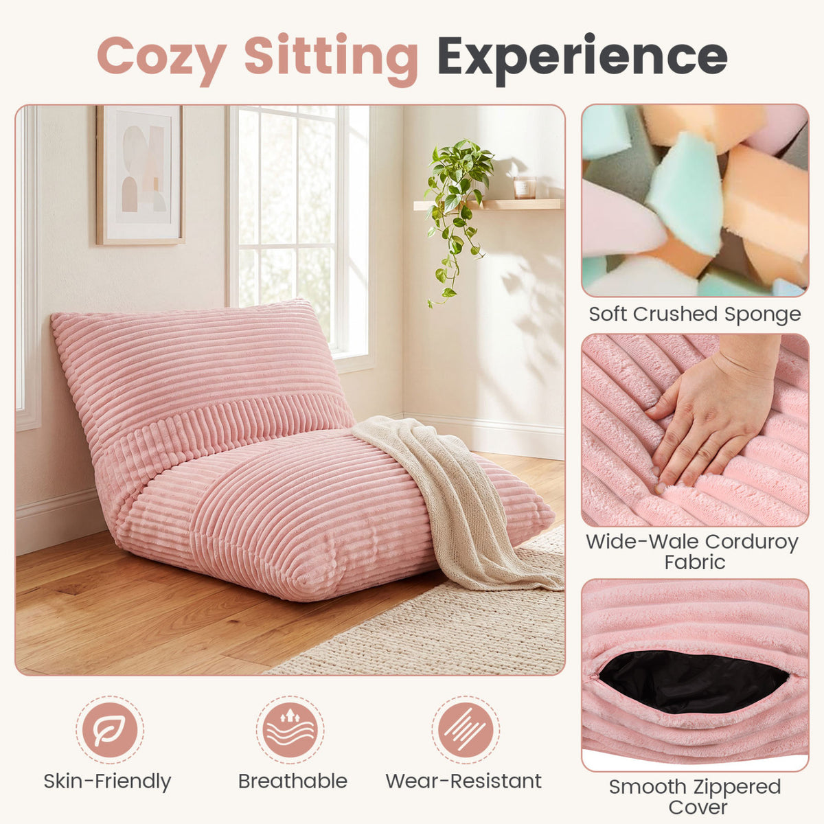 3-in-1 Large Bean Bag Chair with Comfy Corduroy Fabric-Pink