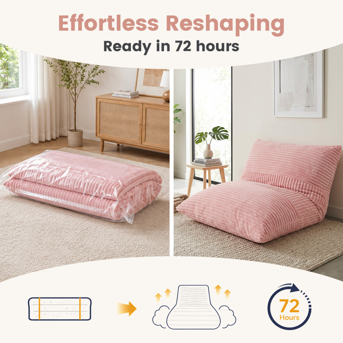 3-in-1 Large Bean Bag Chair with Comfy Corduroy Fabric-Pink