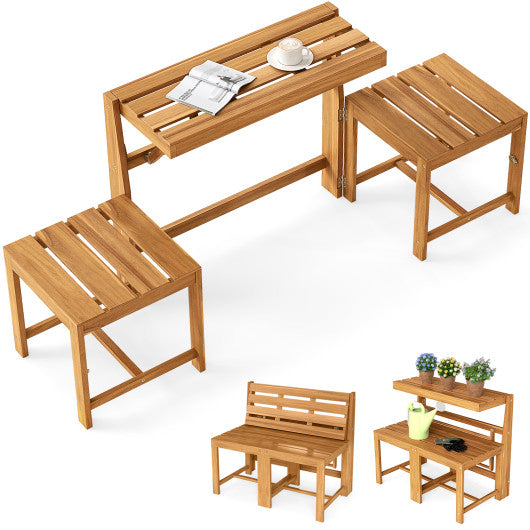 3-in-1 Outdoor Acacia Wood Loveseat Bench Furniture with Slatted Seat
