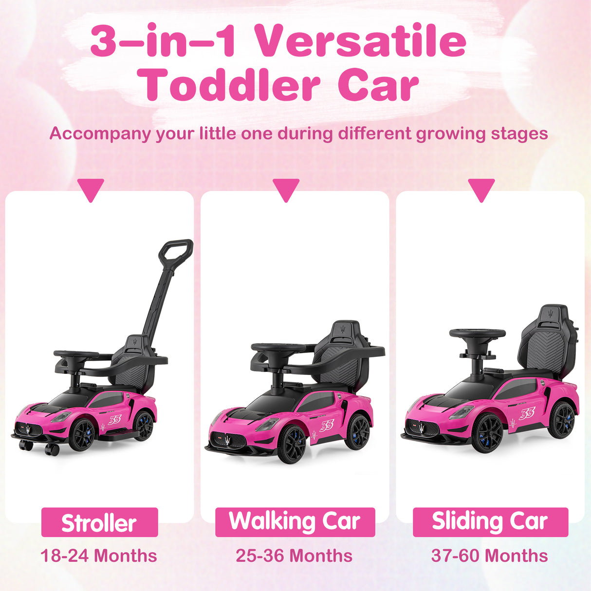 3-in-1 Ride on Push Car Maserati Licensed Sliding Car with Music-Pink
