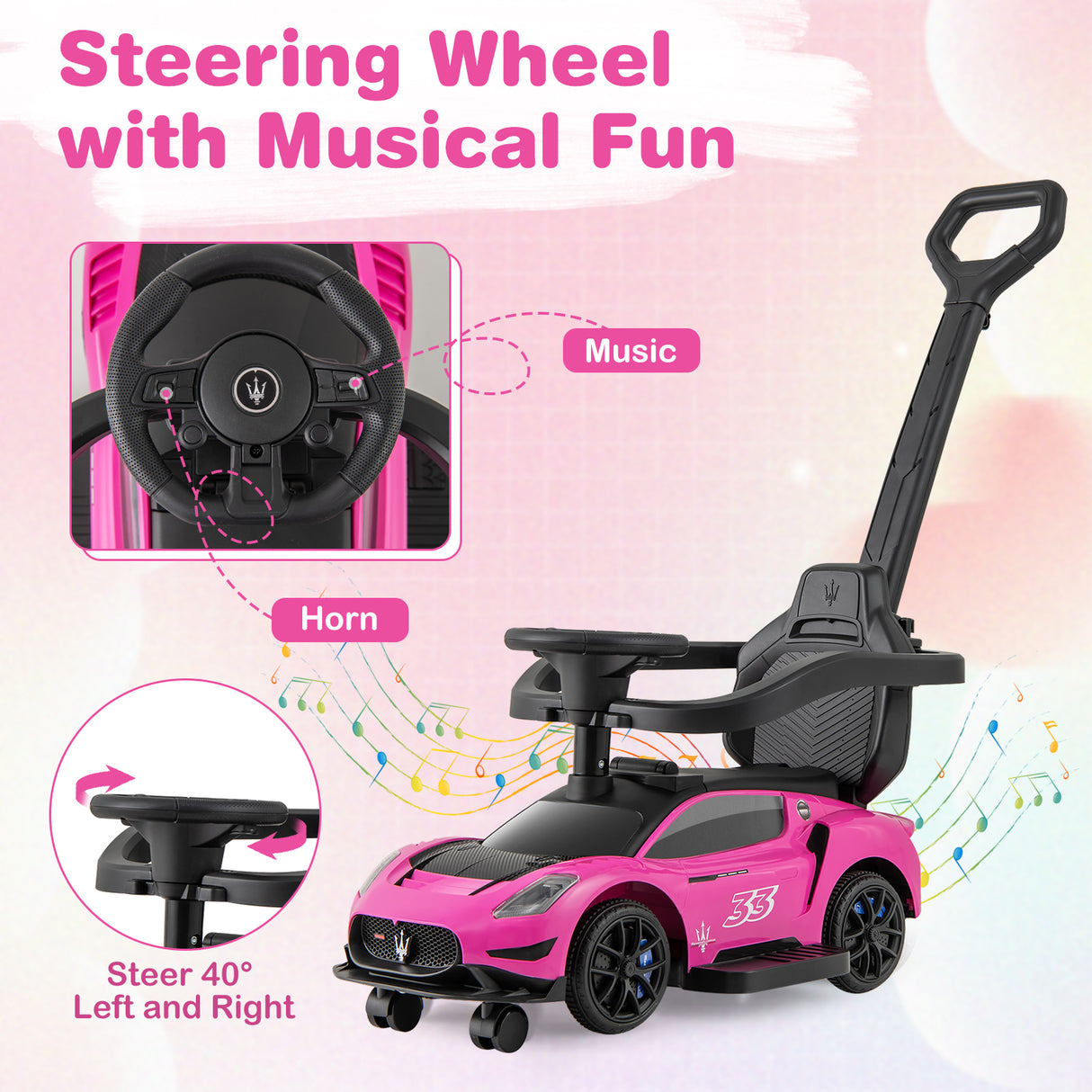 3-in-1 Ride on Push Car Maserati Licensed Sliding Car with Music-Pink
