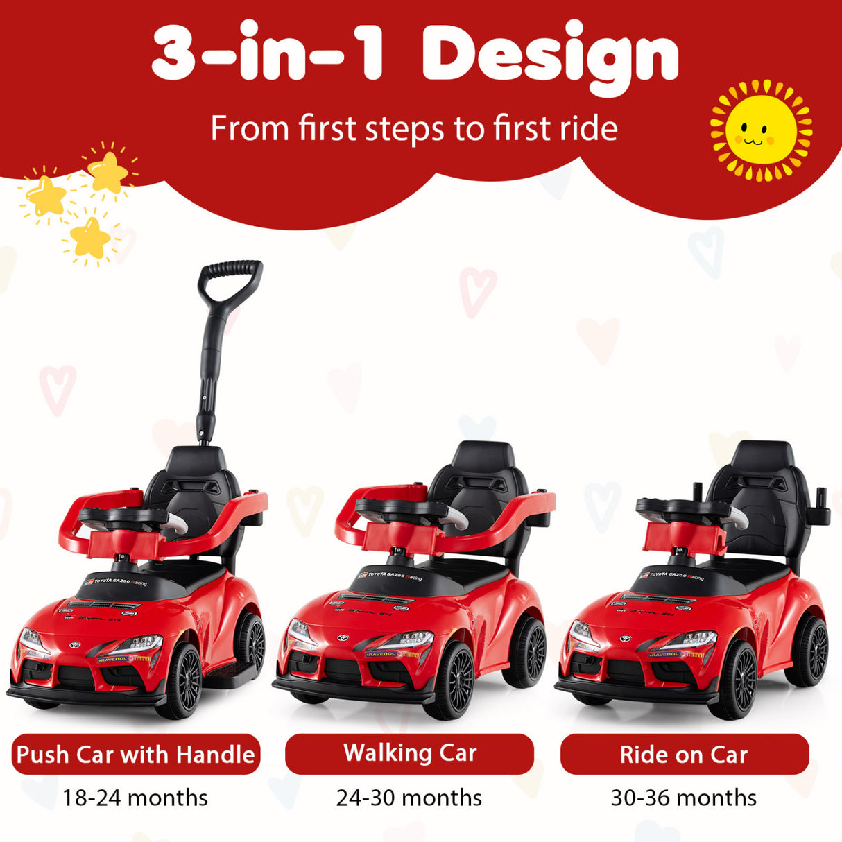3-in-1 Toyota Licensed Foot-to-Floor Stroller Sliding Walking Toy-Red