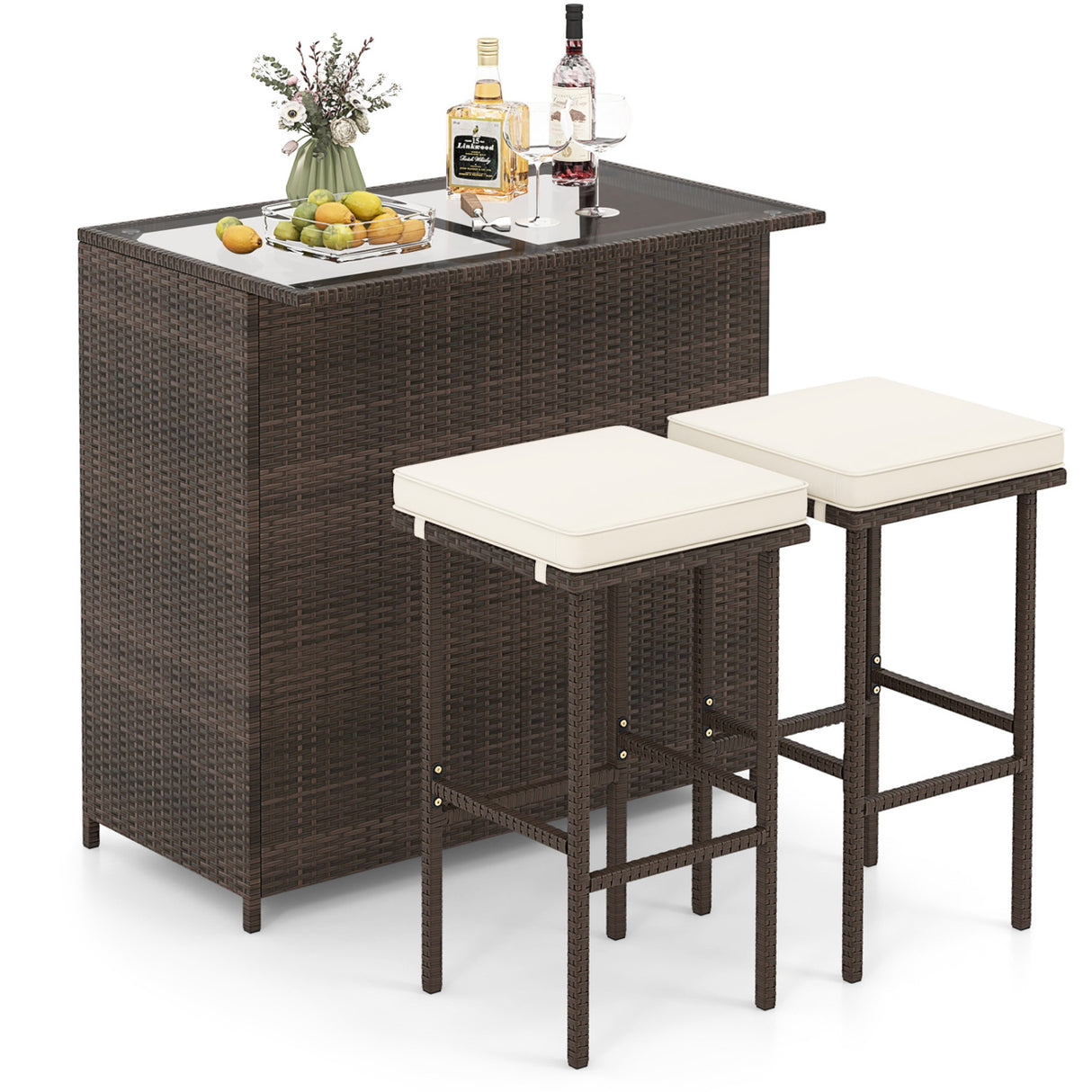 3-piece Rattan Wicker Bar Table Stools Dining Set Cushioned Chairs