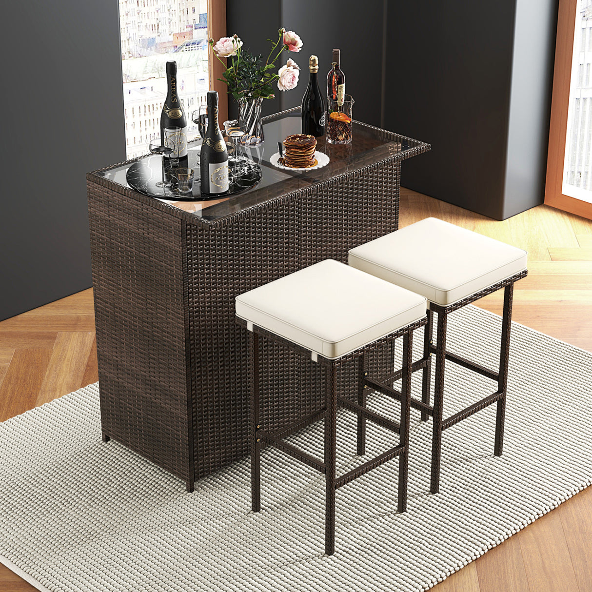 3-piece Rattan Wicker Bar Table Stools Dining Set Cushioned Chairs