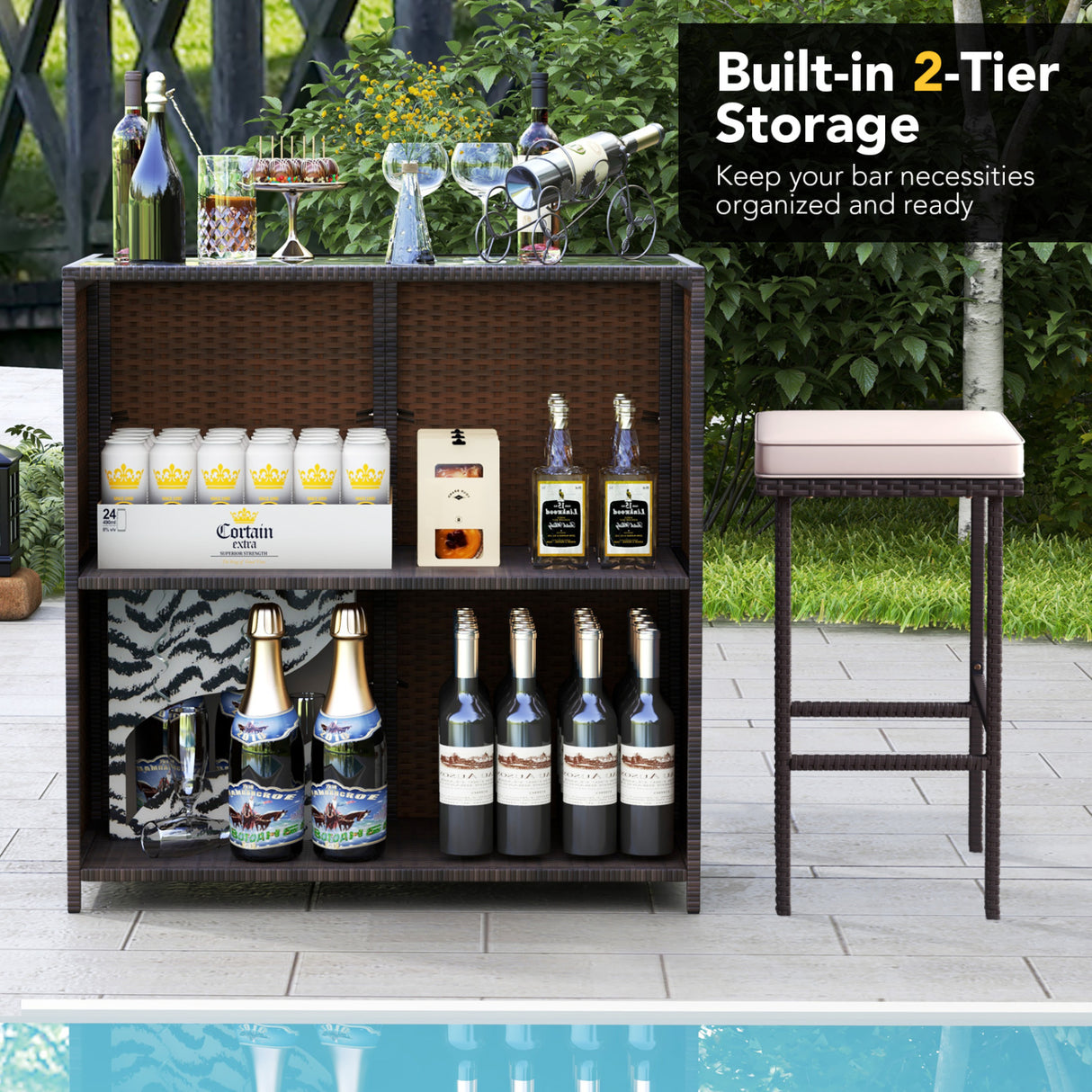 3-piece Rattan Wicker Bar Table Stools Dining Set Cushioned Chairs