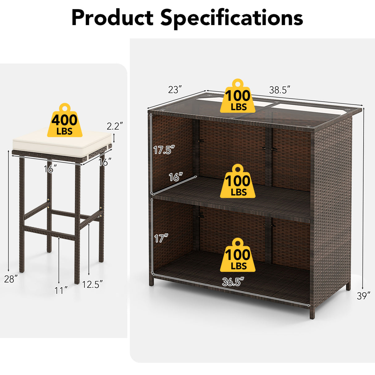 3-piece Rattan Wicker Bar Table Stools Dining Set Cushioned Chairs