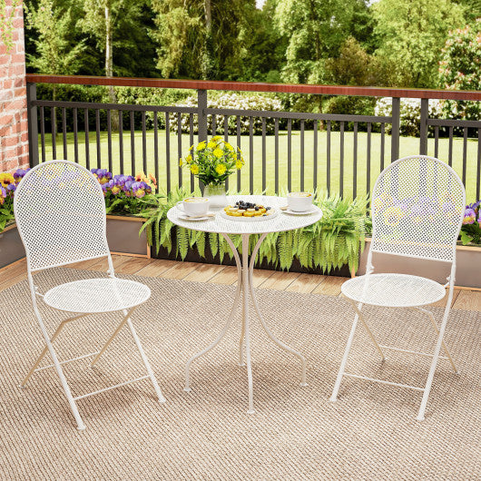 3 Piece Metal Bistro Patio Round Table and 2 Folding Chairs Set-White