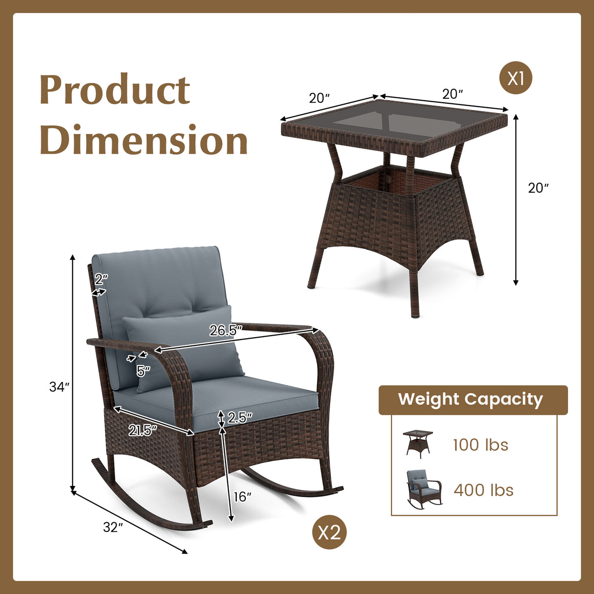 3 Piece Outdoor Rocking Set with Tempered Glass Coffee Table for Backyard Poolside-Gray