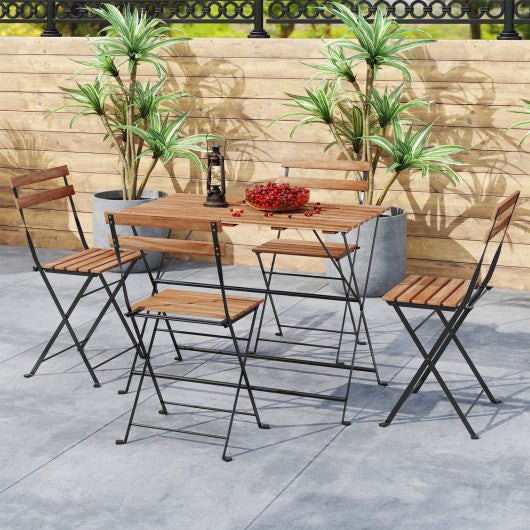 5 Piece Patio Acacia Wood Dining Set with 4 Folding Chairs-Brown