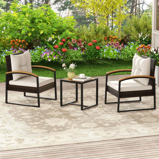 3 Piece Patio Conversation Set with Solid Acacia Wood Armrests and Tabletop-White