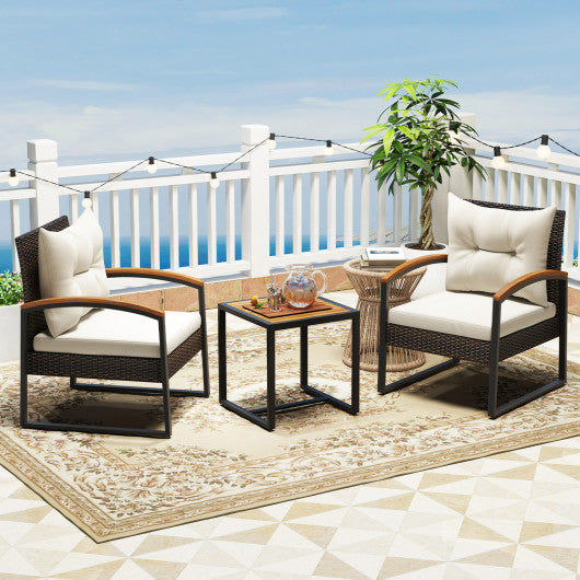 3 Piece Patio Conversation Set with Solid Acacia Wood Armrests and Tabletop-White