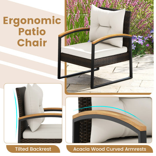 3 Piece Patio Conversation Set with Solid Acacia Wood Armrests and Tabletop-White